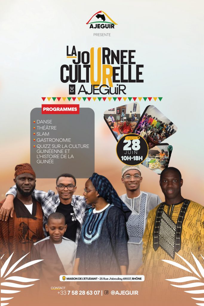 affiche journée culturelle des Guinéens du Rhône. Des jeunes gens Noirs en vêtements traditionnels sur un fond marron 