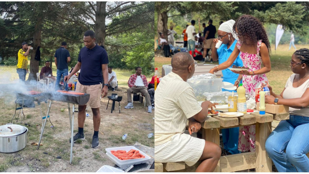 Jeunes filles entrain de servir le repas et un jeune homme entrain de faire la cuisson à l'occasion du Barbecue annuel AJEGUIR 2025 au parc de Miribel-Jonage Rhône